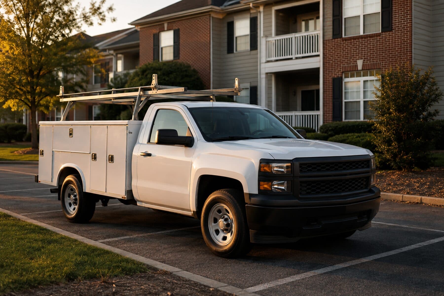 Contractor truck parked in front of a garden-style apartment building