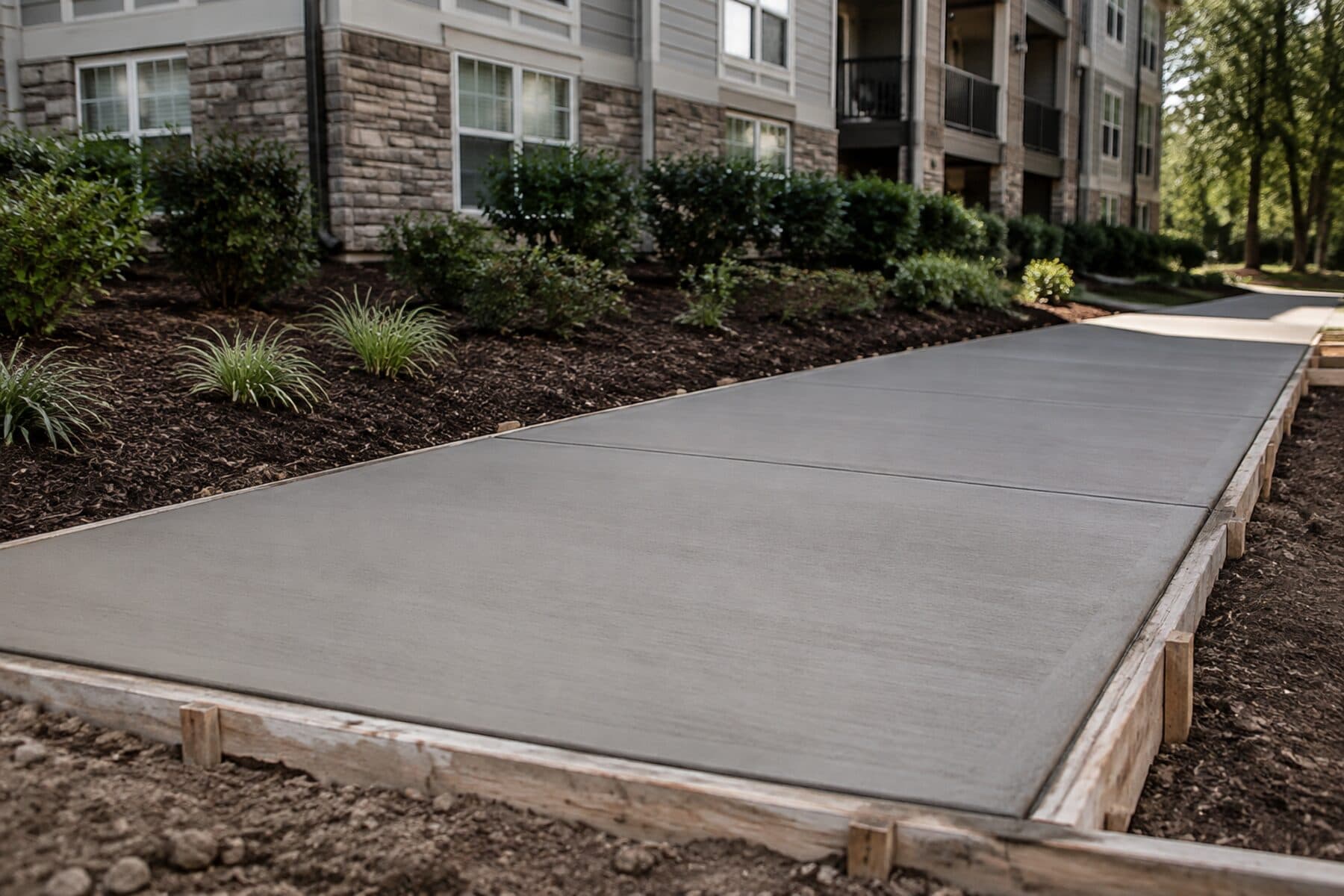 Freshly finished concrete sidewalk section at an apartment community