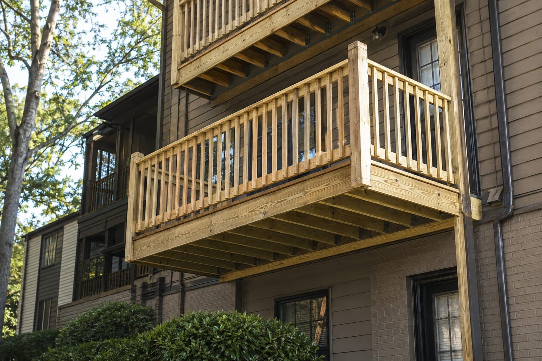 Newly rebuilt wooden balcony with fresh railing on a garden-style apartment building