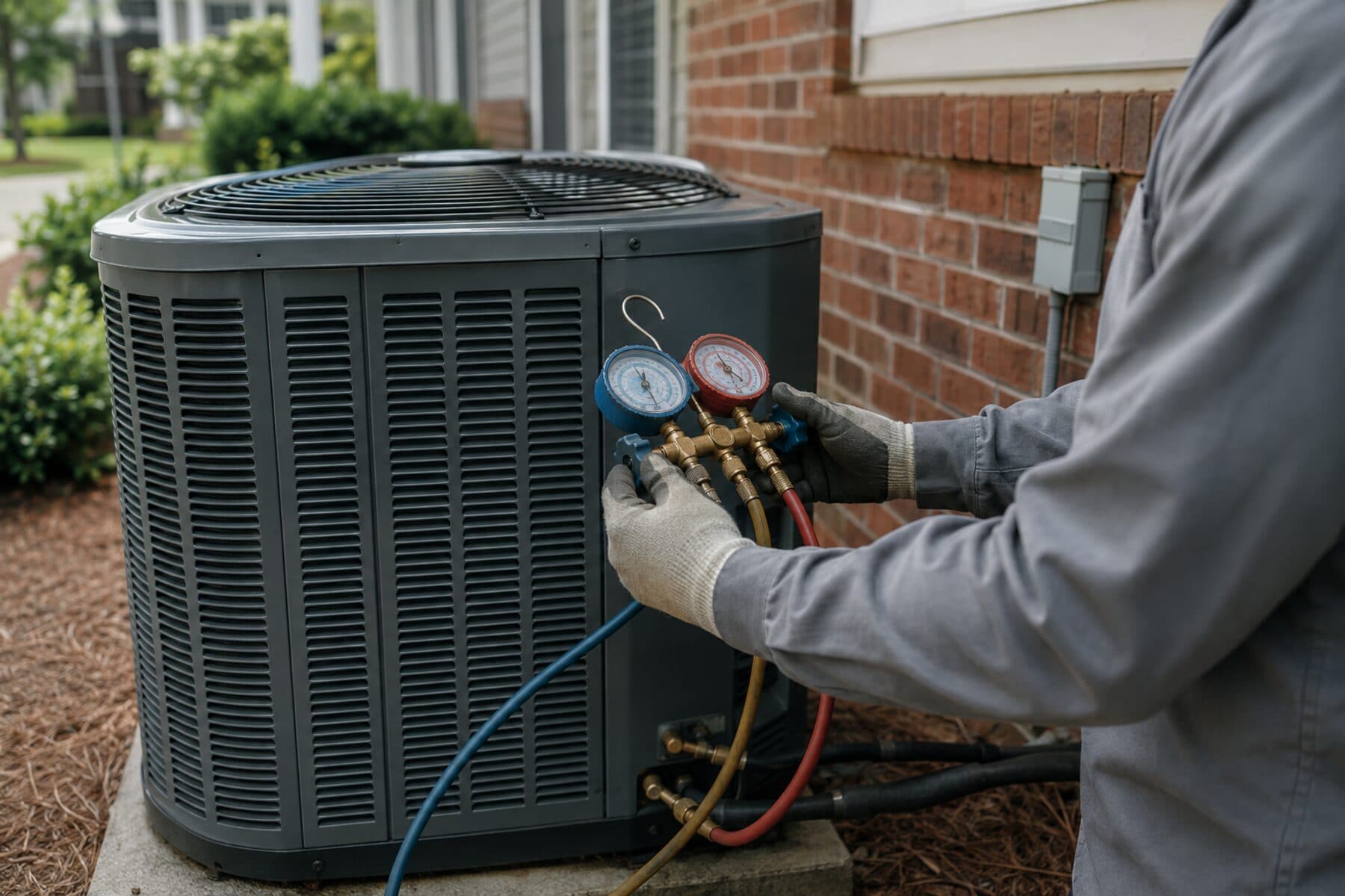 Technician servicing an outdoor condenser unit beside an apartment building
