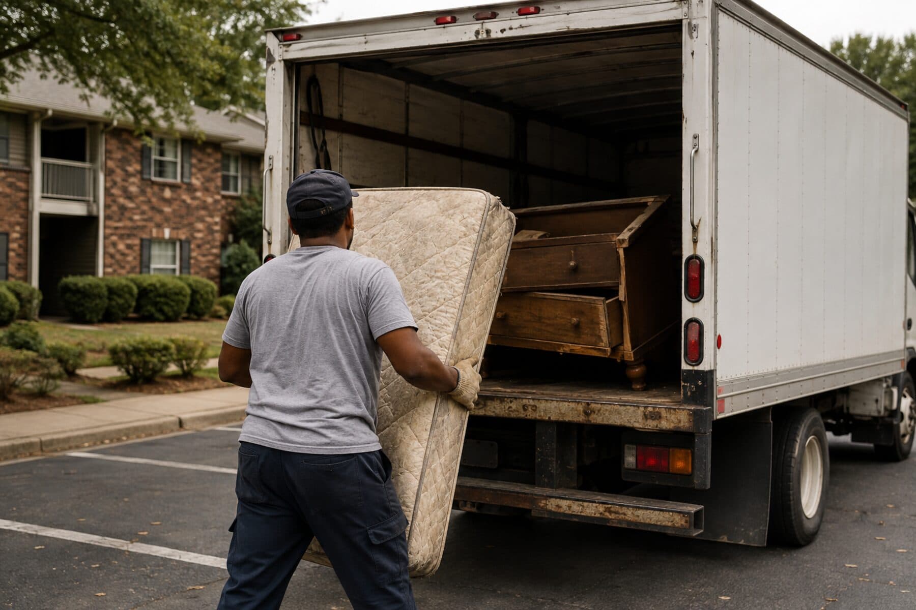 Crew loading old furniture into a box truck at an apartment community