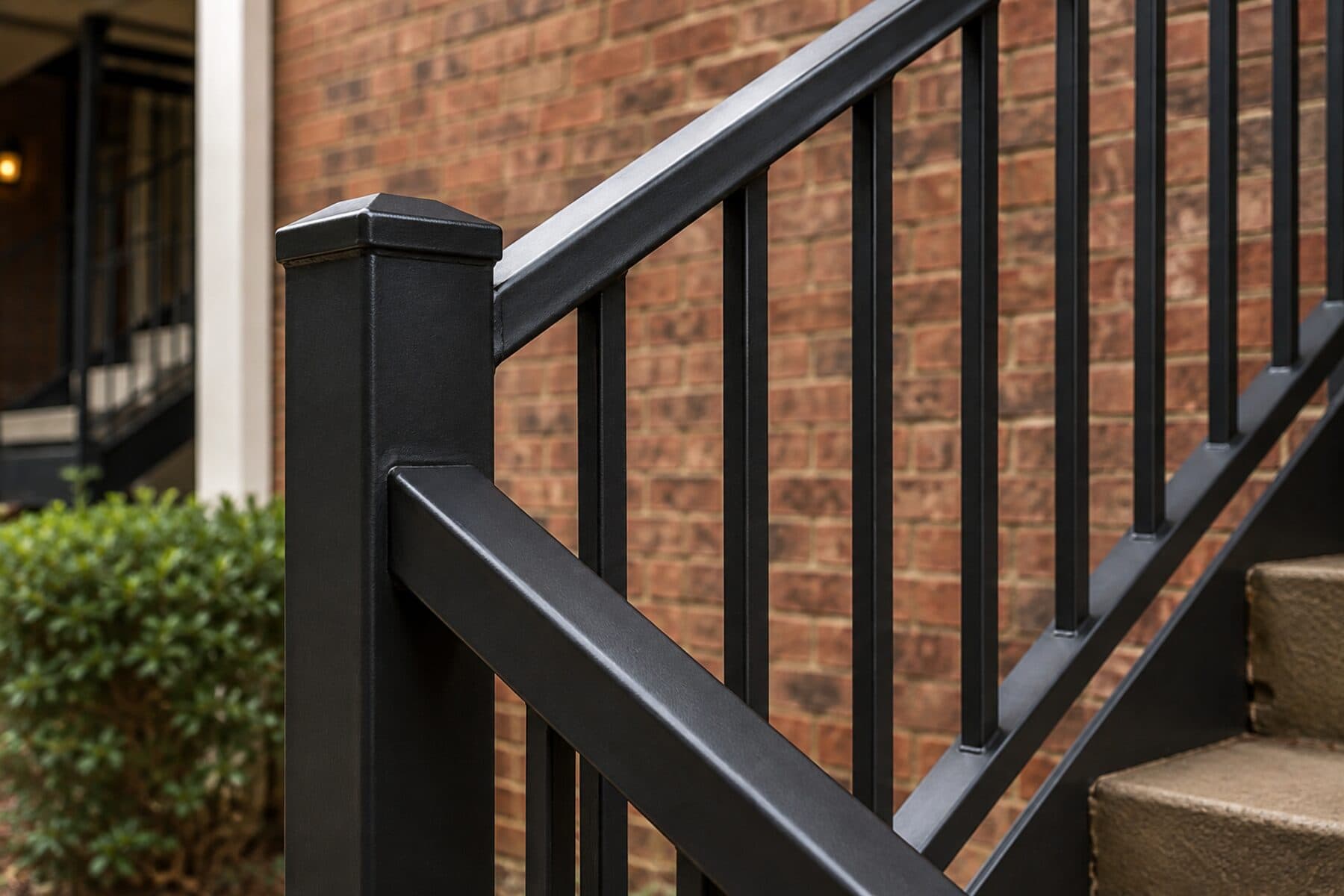 Freshly fabricated black steel stair railing on an apartment stairwell