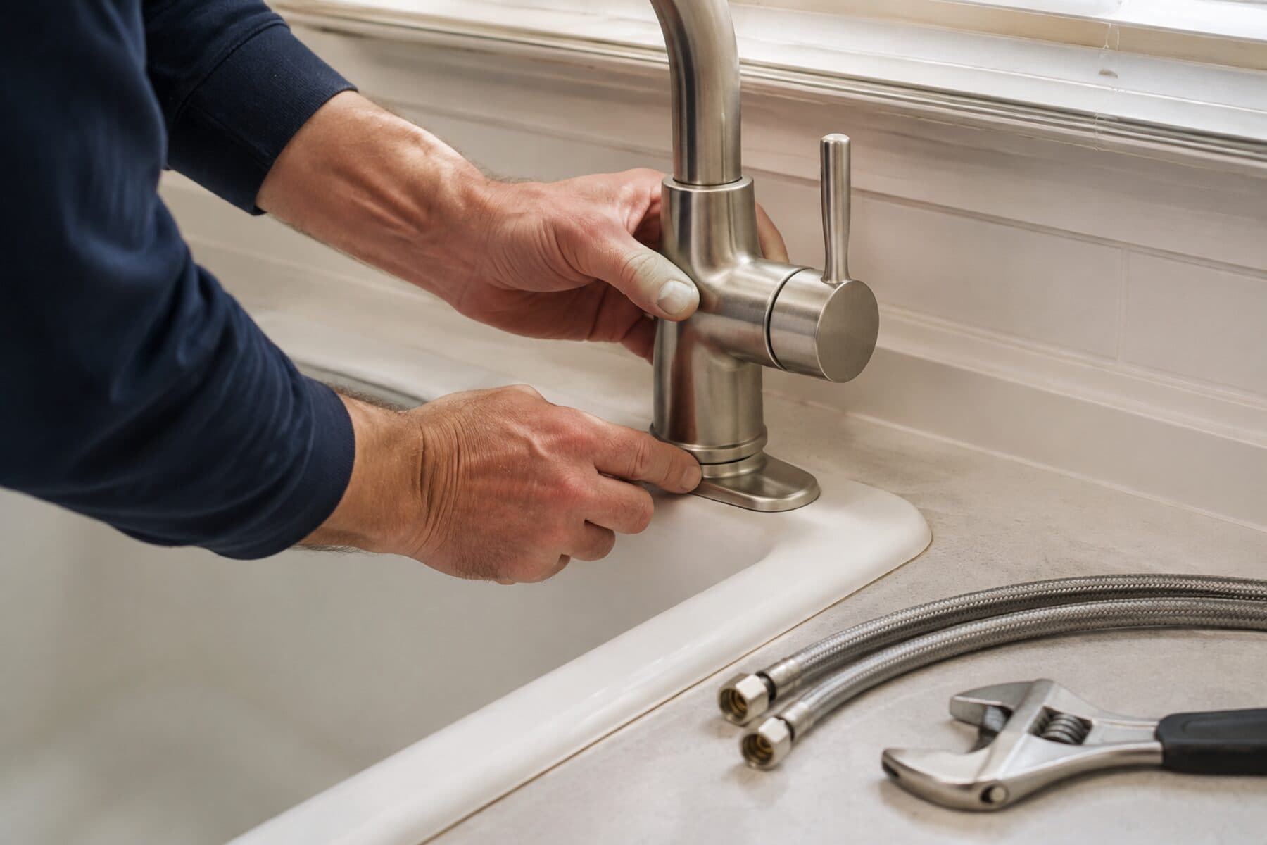 Plumber installing a new faucet on an apartment kitchen sink