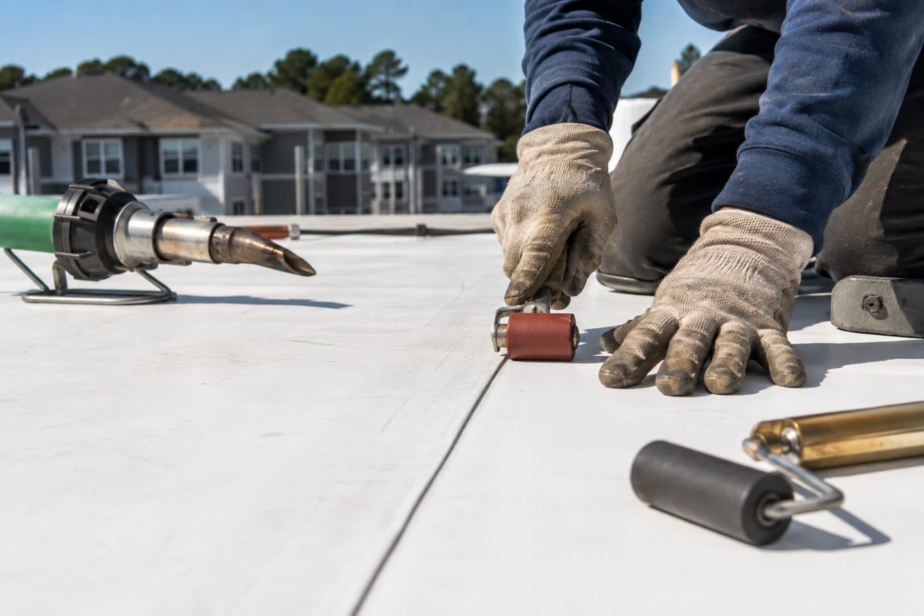 Roofer sealing a seam on a white TPO roof of an apartment building