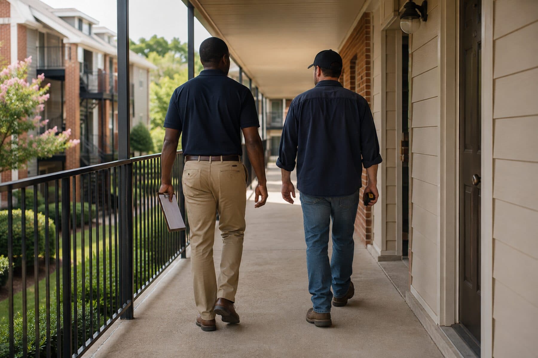 Property manager and contractor walking an apartment breezeway
